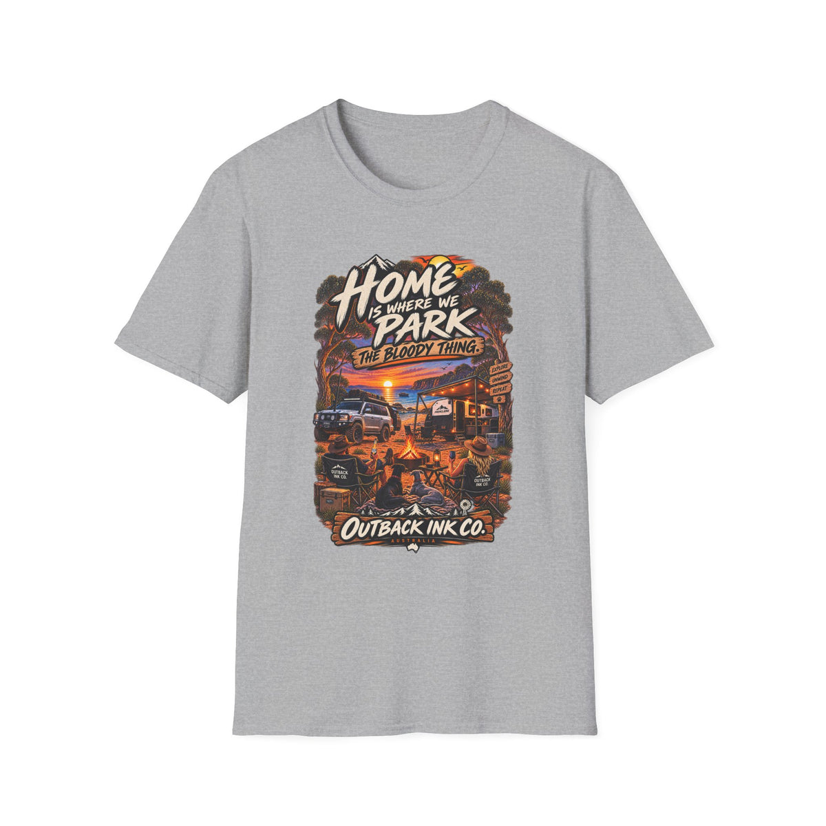 RV Camping T‑Shirt — "Home Is Where We Park the Bloody Thing" Vintage Sunset Tee
