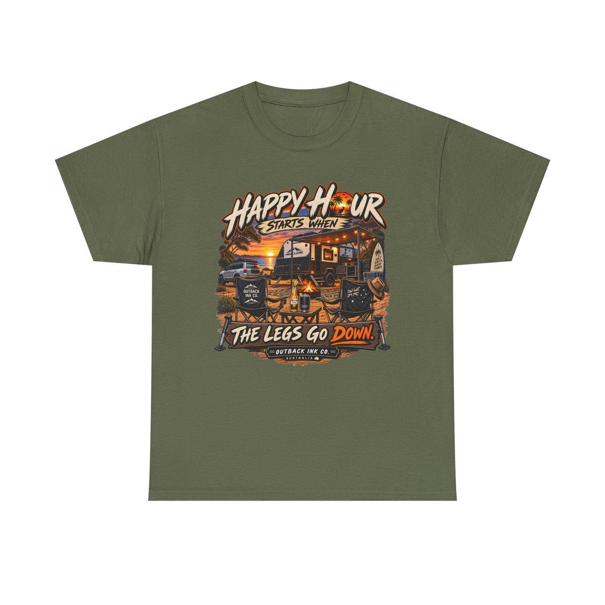 Happy Hour Camper T-Shirt — "Happy Hour Starts When The Legs Go Down" RV Camping Tee