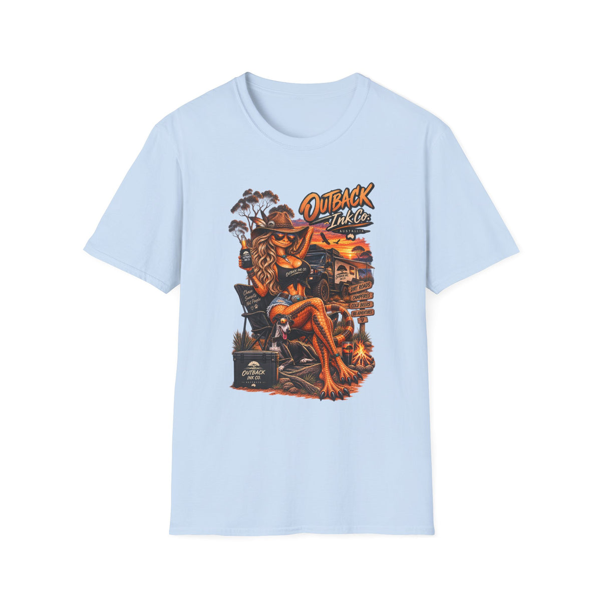 Outback Ink Co. Graphic T-Shirt — Retro Sunset Cowgirl Tattoo Design