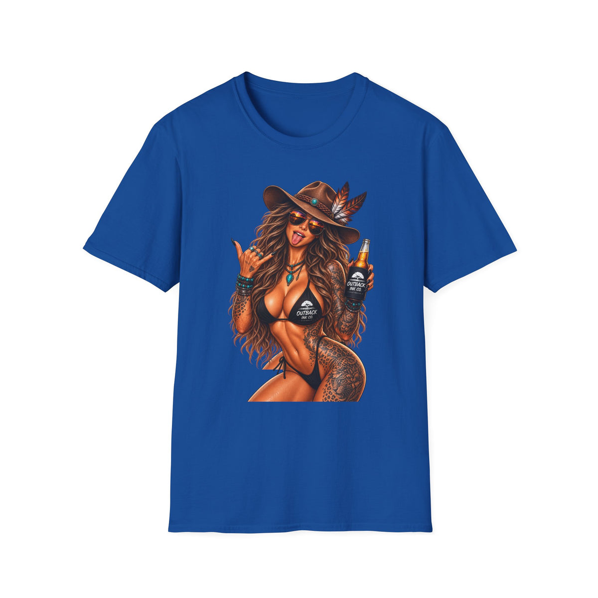 Cowgirl Pinup T-Shirt — Retro Sexy Cowgirl Graphic Tee with Bottle