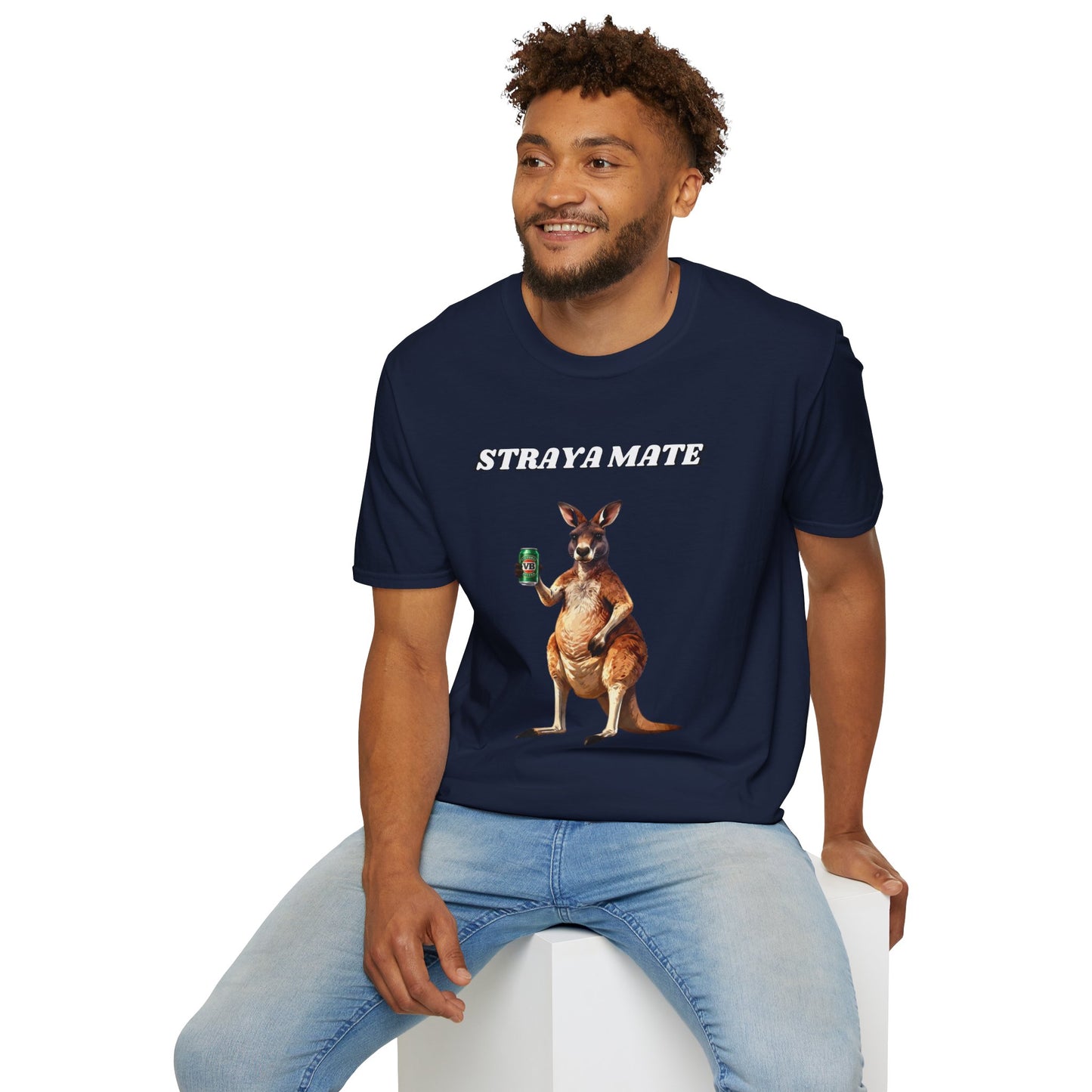 Straya Mate T-Shirt — Aussie Kangaroo with Can Graphic