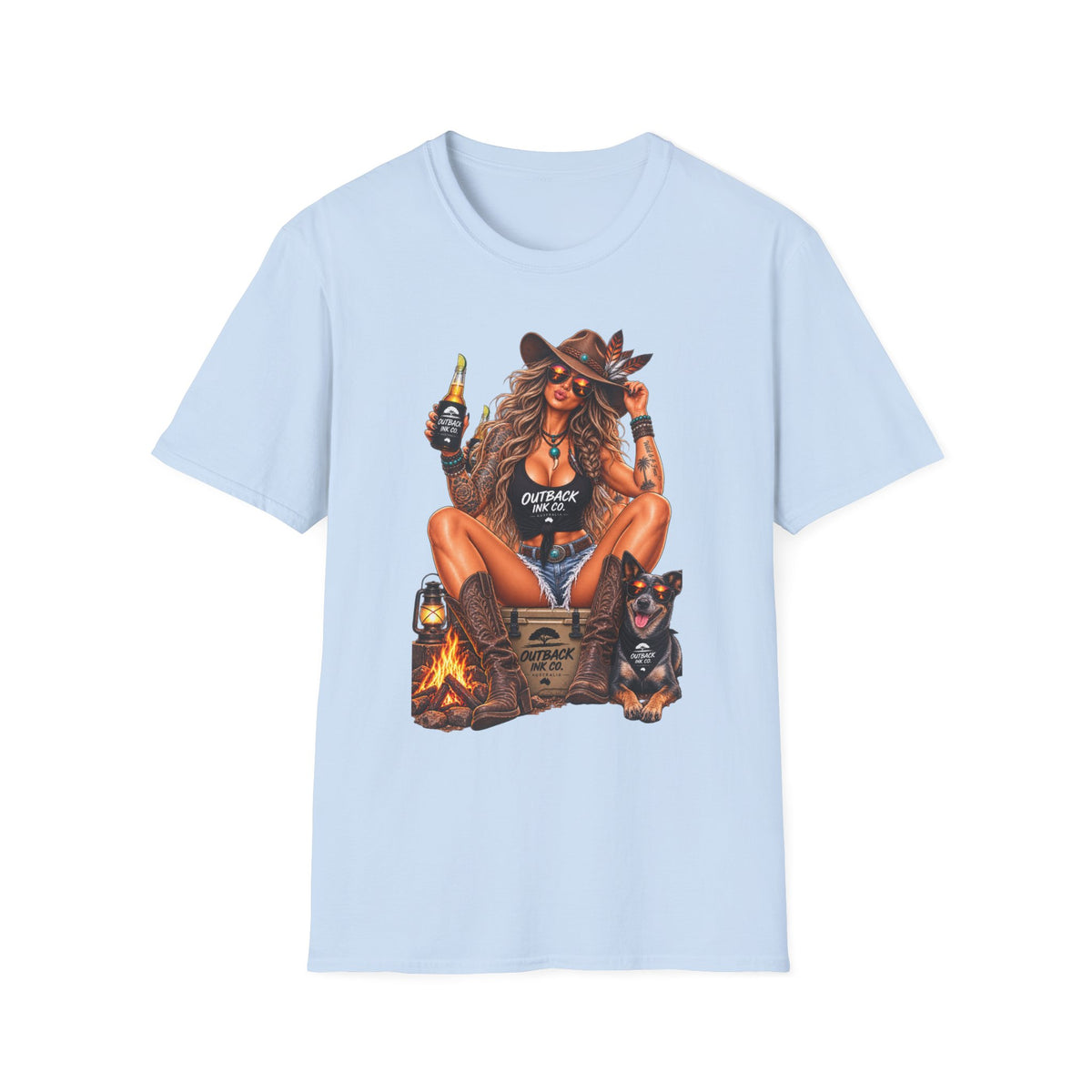 Outback Cowgirl T‑Shirt — Sexy Western Cowgirl with Beer Graphic