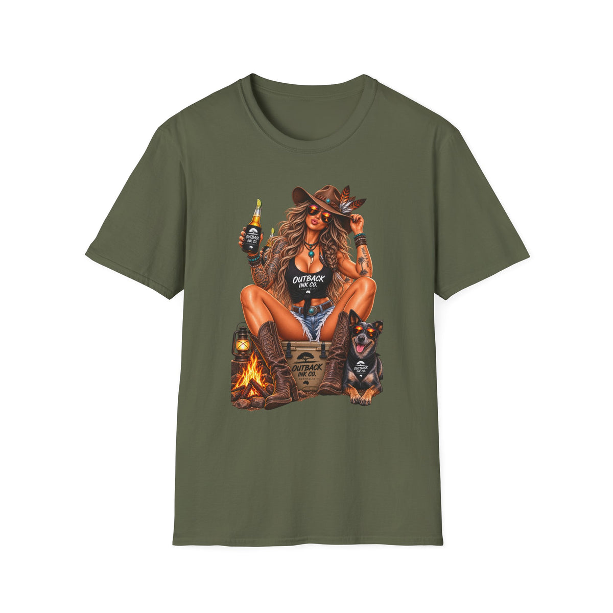 Outback Cowgirl T‑Shirt — Sexy Western Cowgirl with Beer Graphic