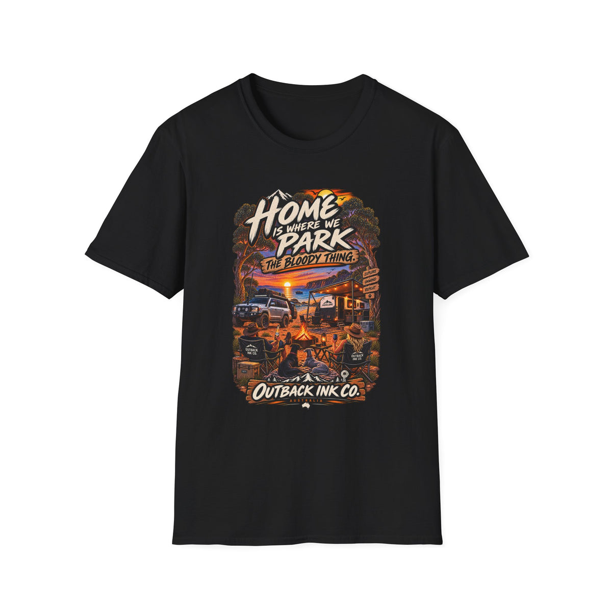 RV Camping T‑Shirt — "Home Is Where We Park the Bloody Thing" Vintage Sunset Tee
