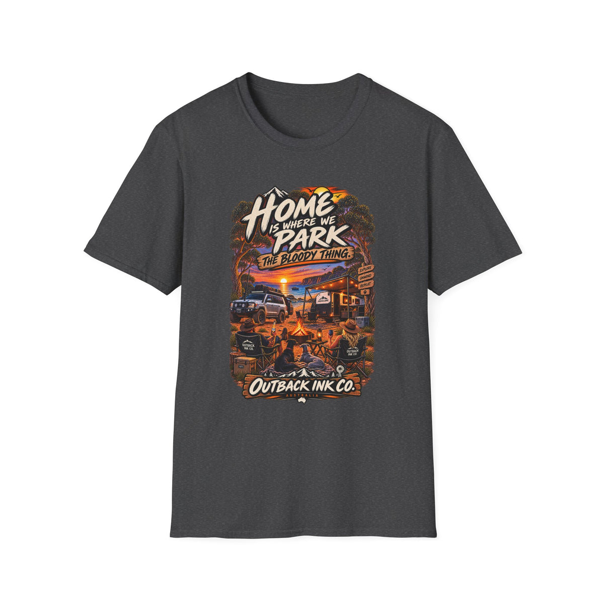 RV Camping T‑Shirt — "Home Is Where We Park the Bloody Thing" Vintage Sunset Tee