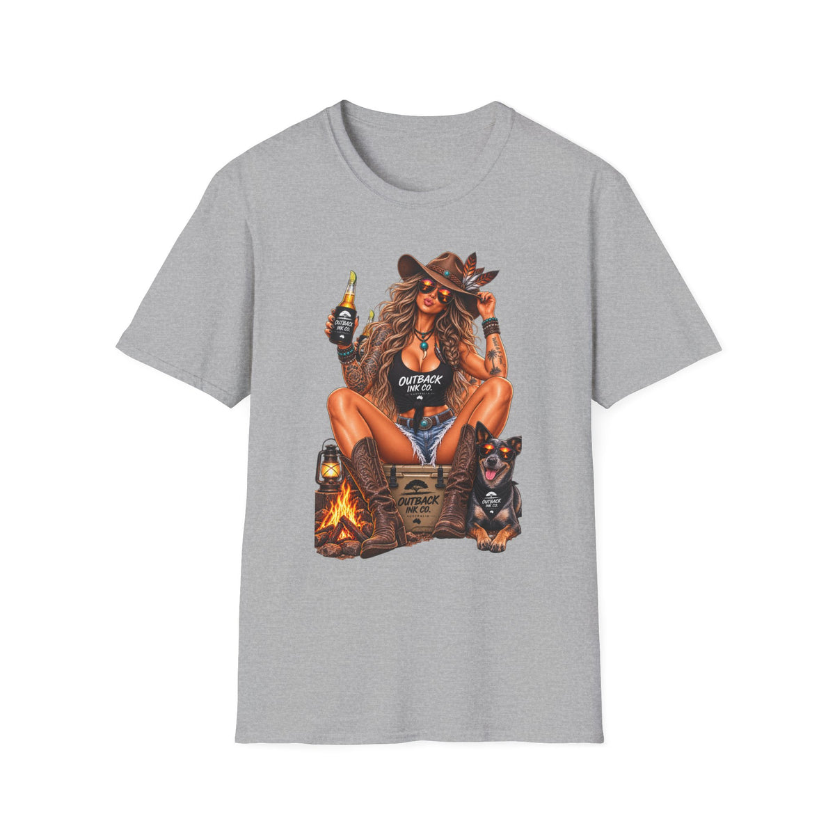 Outback Cowgirl T‑Shirt — Sexy Western Cowgirl with Beer Graphic
