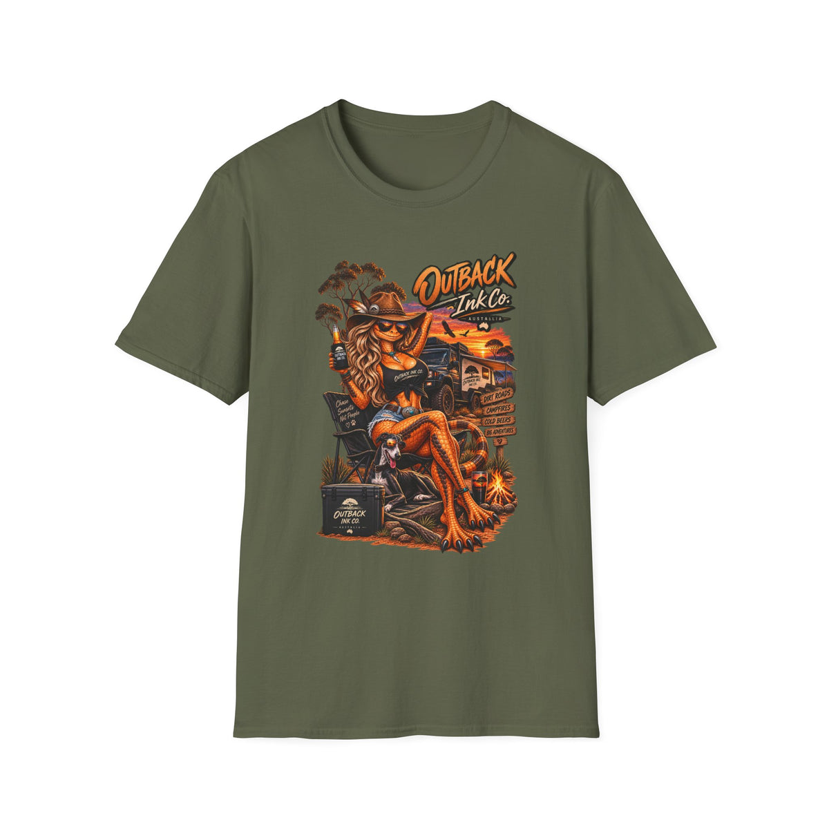Outback Ink Co. Graphic T-Shirt — Retro Sunset Cowgirl Tattoo Design
