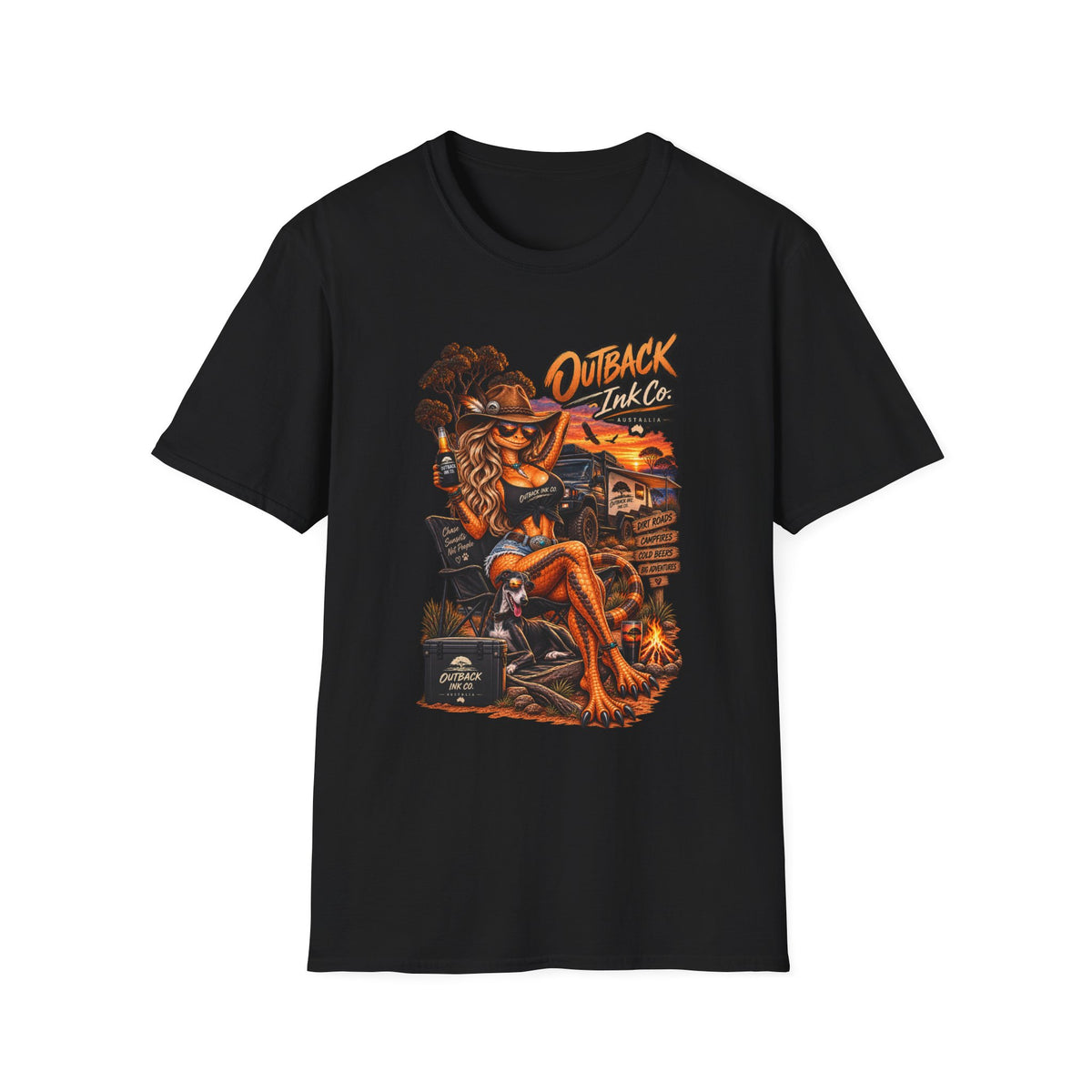 Outback Ink Co. Graphic T-Shirt — Retro Sunset Cowgirl Tattoo Design