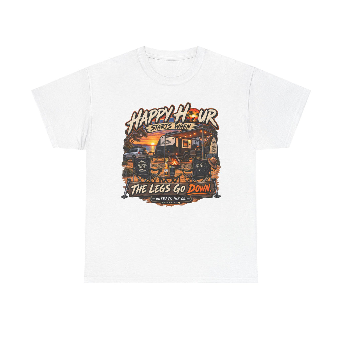 Happy Hour Camper T-Shirt — "Happy Hour Starts When The Legs Go Down" RV Camping Tee