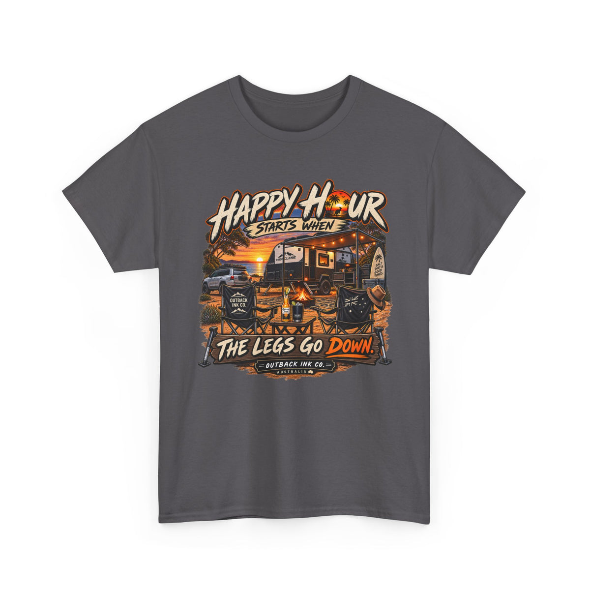 Happy Hour Camper T-Shirt — "Happy Hour Starts When The Legs Go Down" RV Camping Tee