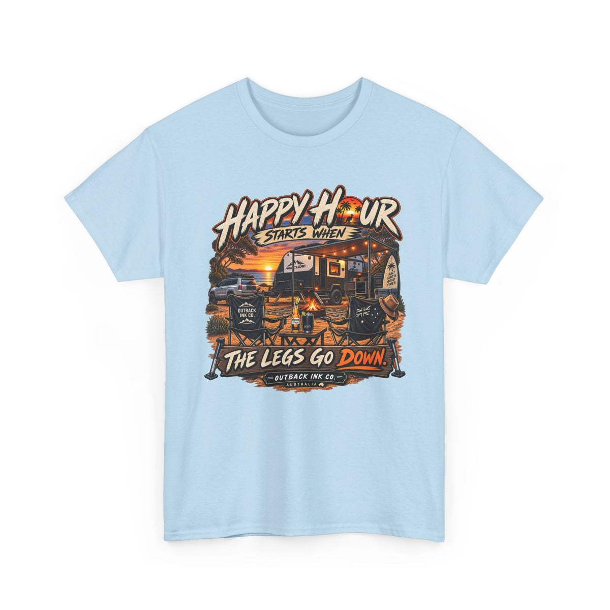 Happy Hour Camper T-Shirt — "Happy Hour Starts When The Legs Go Down" RV Camping Tee