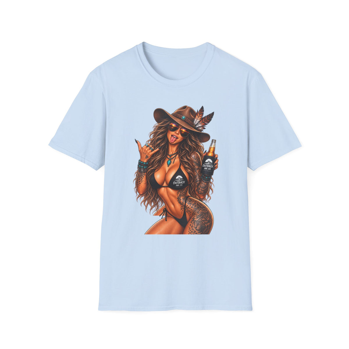 Cowgirl Pinup T-Shirt — Retro Sexy Cowgirl Graphic Tee with Bottle