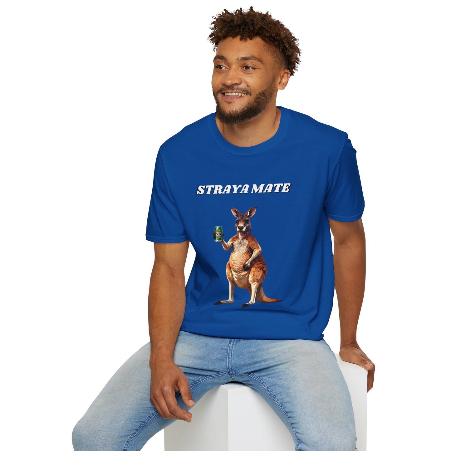 Straya Mate T-Shirt — Aussie Kangaroo with Can Graphic