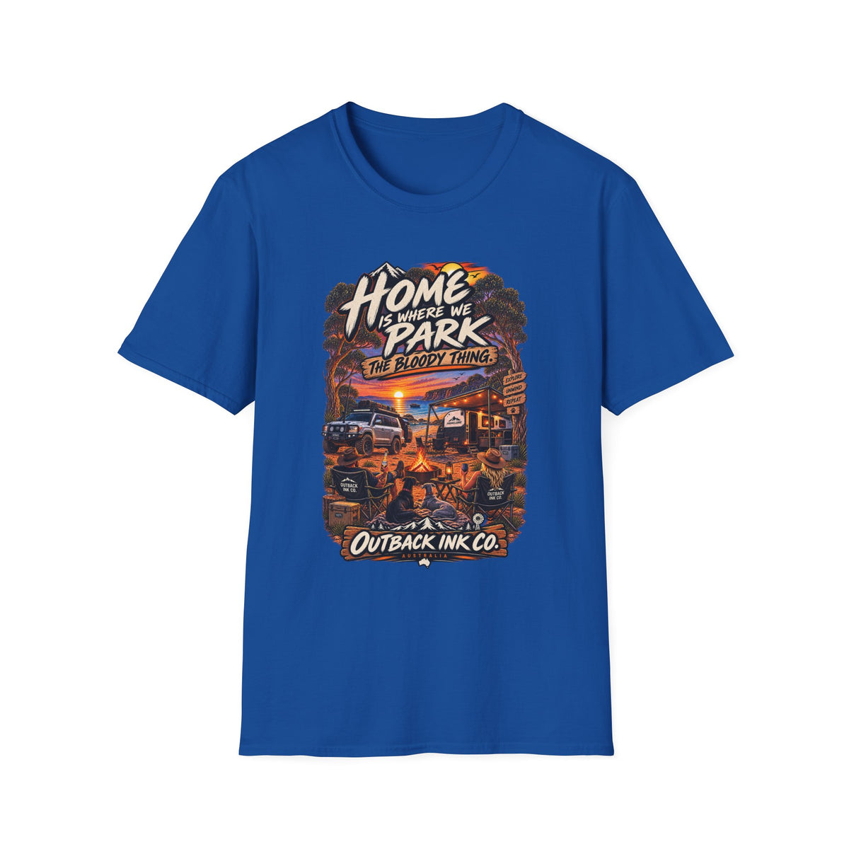 RV Camping T‑Shirt — "Home Is Where We Park the Bloody Thing" Vintage Sunset Tee