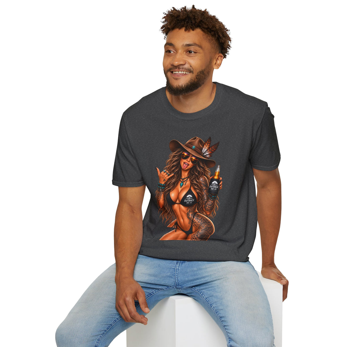 Cowgirl Pinup T-Shirt — Retro Sexy Cowgirl Graphic Tee with Bottle