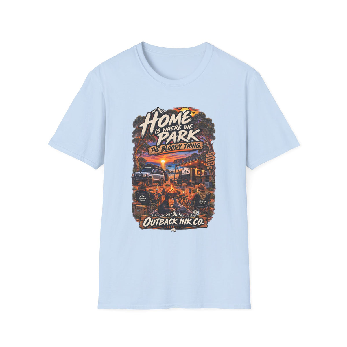 RV Camping T‑Shirt — "Home Is Where We Park the Bloody Thing" Vintage Sunset Tee