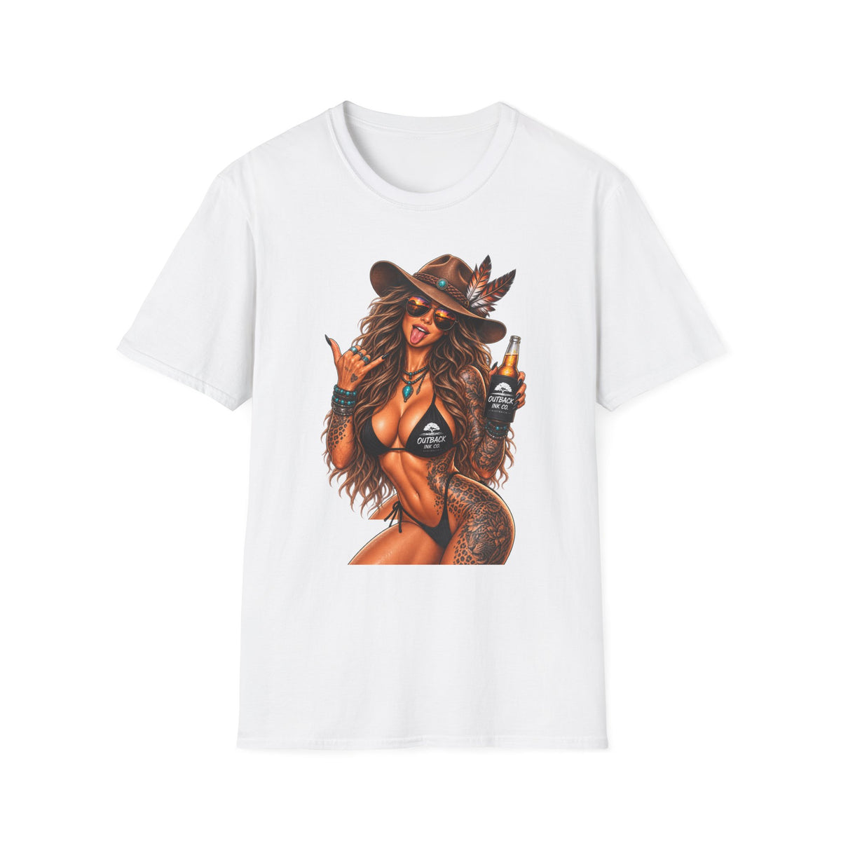 Cowgirl Pinup T-Shirt — Retro Sexy Cowgirl Graphic Tee with Bottle