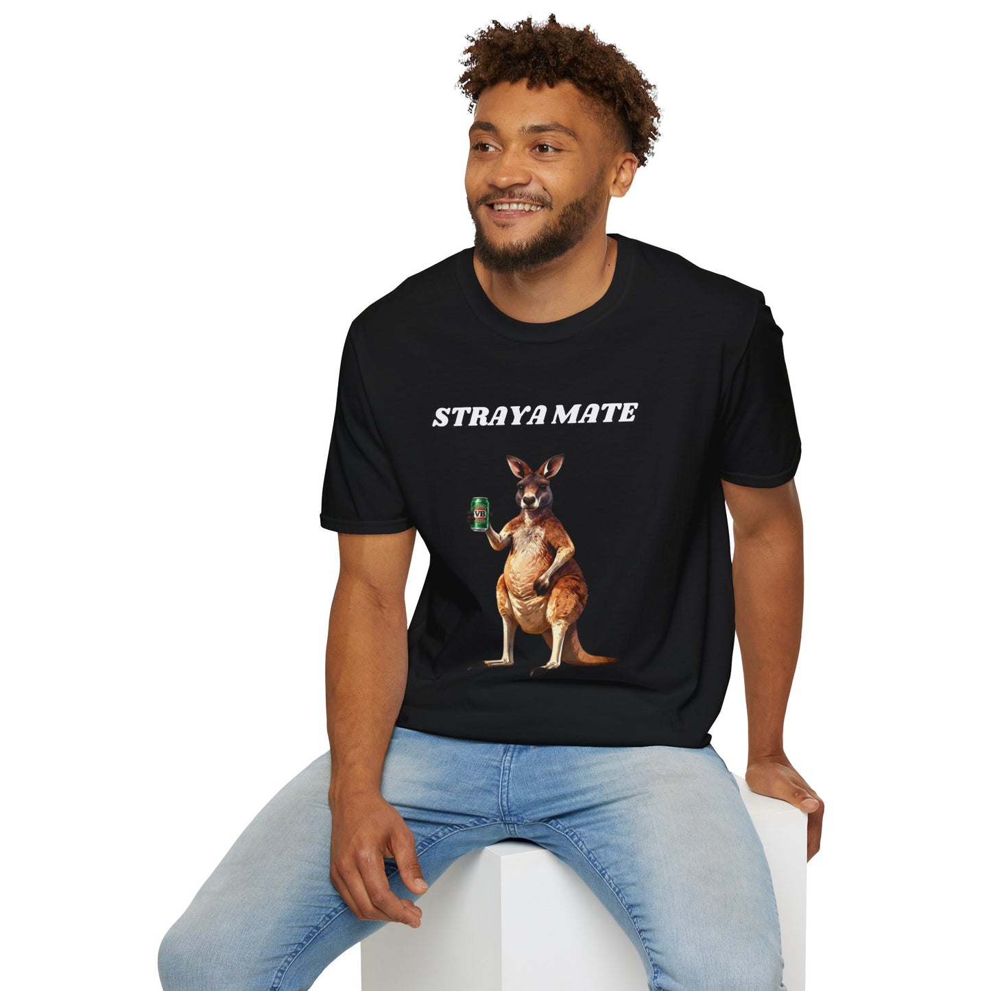 Straya Mate T-Shirt — Aussie Kangaroo with Can Graphic
