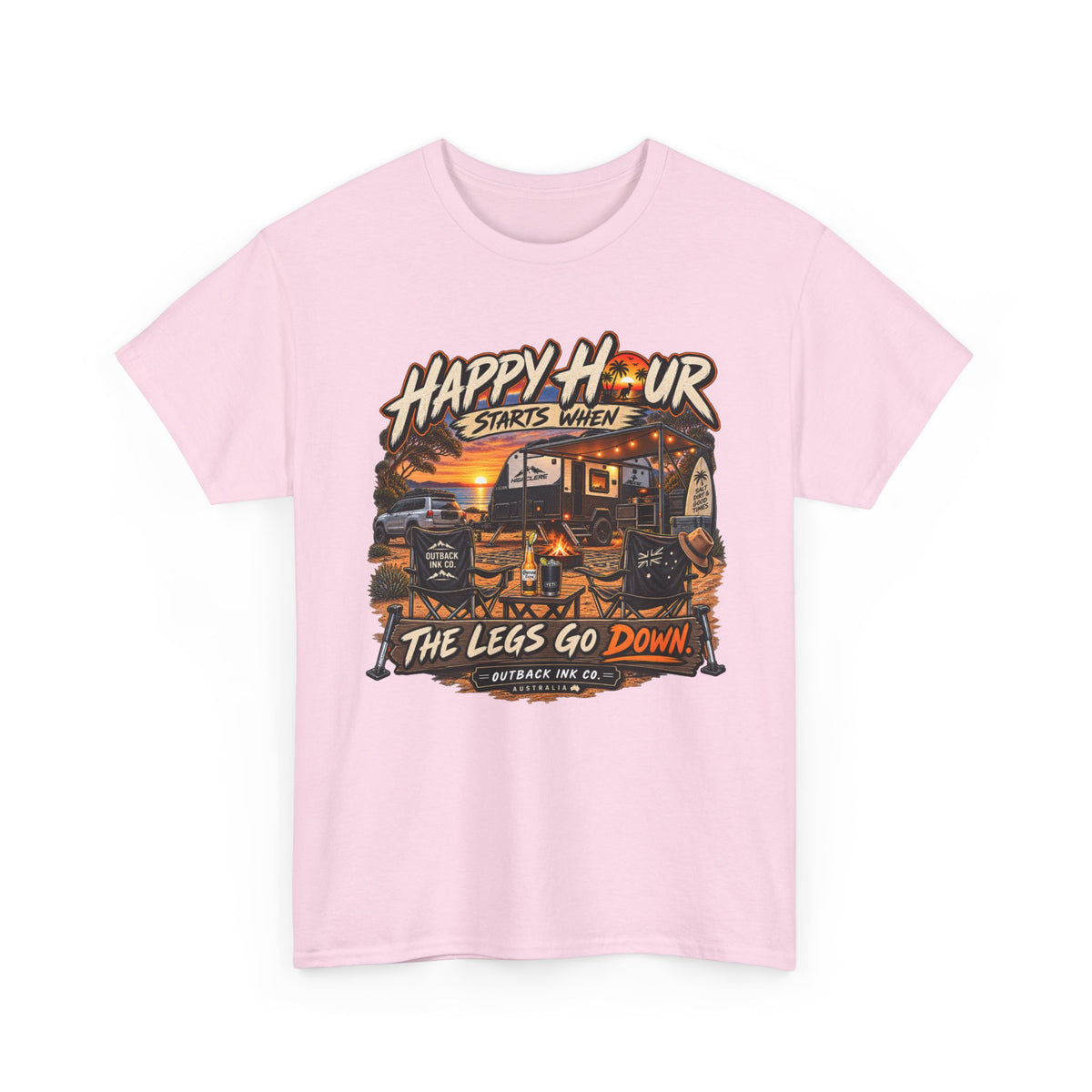 Happy Hour Camper T-Shirt — "Happy Hour Starts When The Legs Go Down" RV Camping Tee