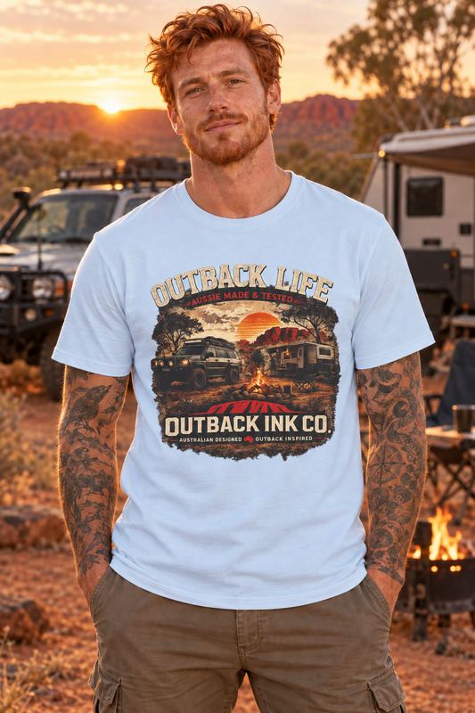Outback Life Graphic T-Shirt — Aussie Made Caravan & Camper Sunset Tee