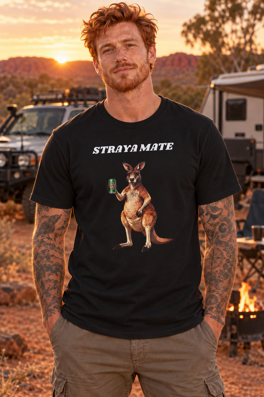 Straya Mate T-Shirt — Aussie Kangaroo with Can Graphic