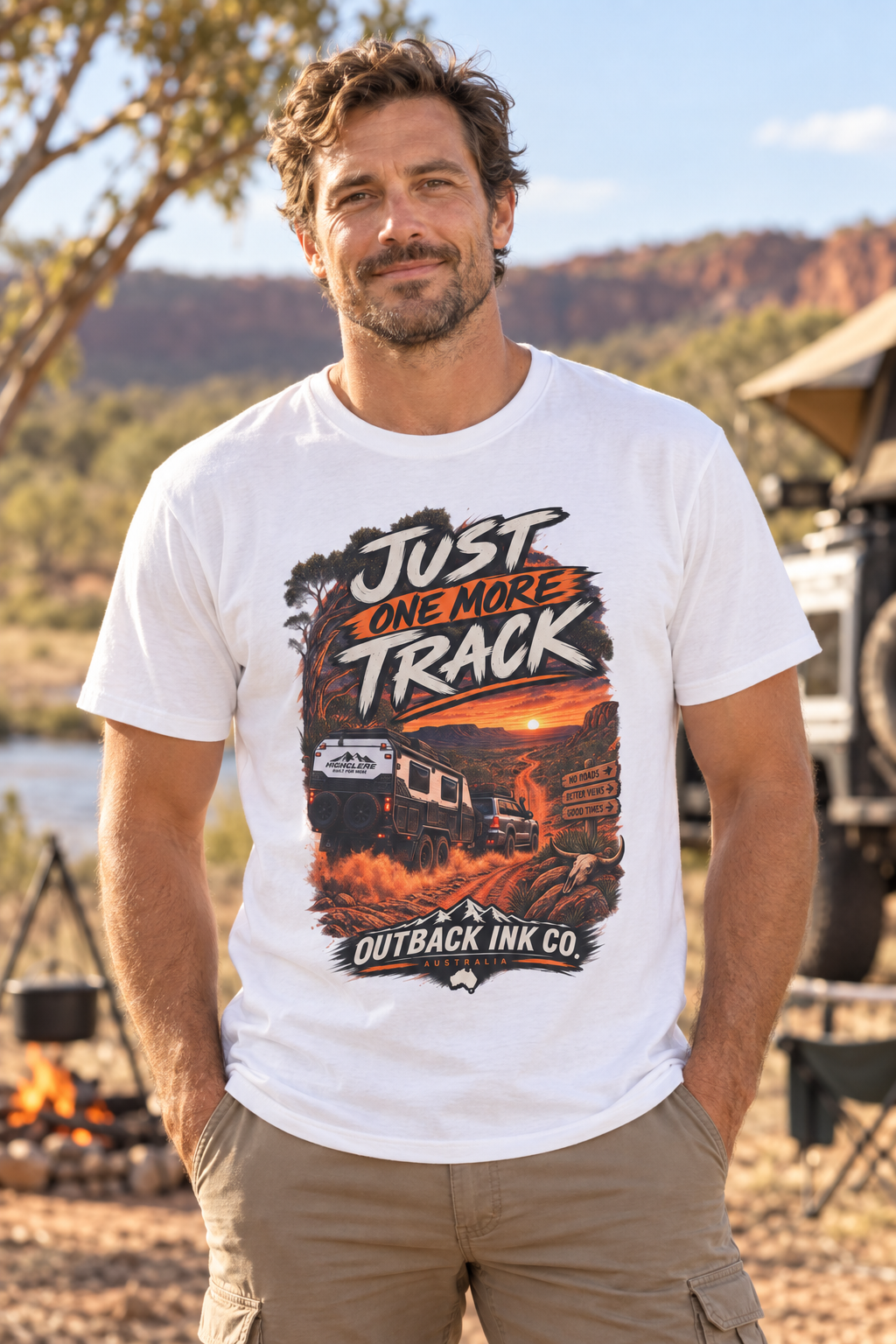 Just One More Track Graphic Tee — Train & Outback Adventure T-Shirt
