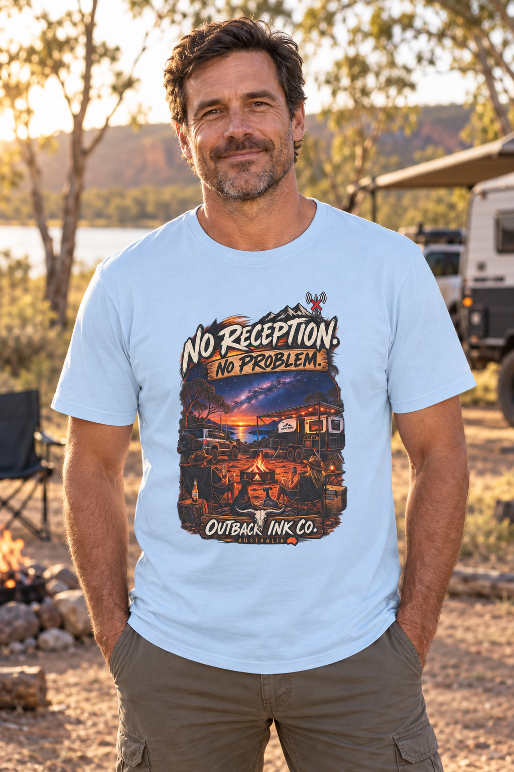 No Reception No Problems T-Shirt — Retro Camping Outdoor Adventure Tee