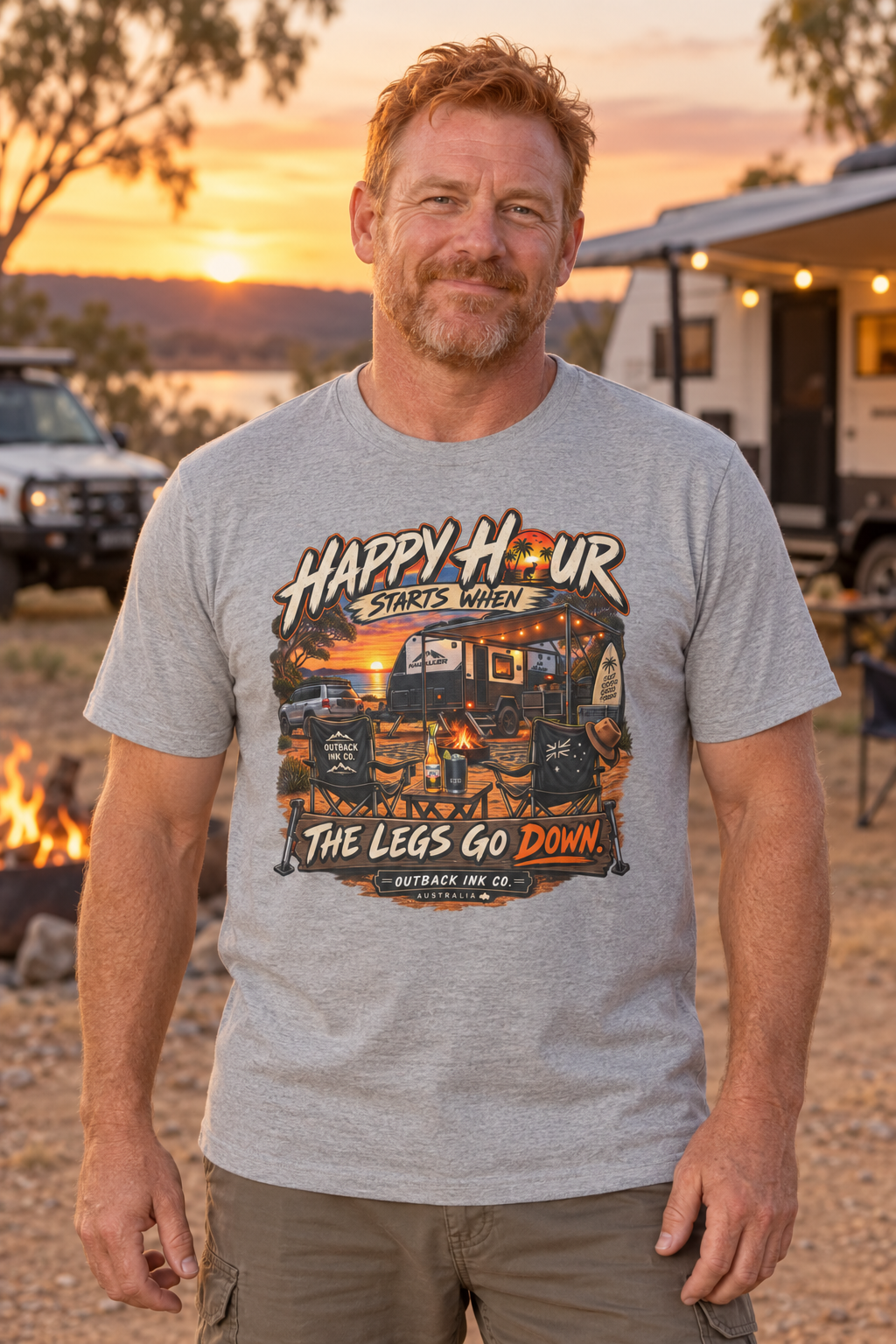 Happy Hour Camper T-Shirt — "Happy Hour Starts When The Legs Go Down" RV Camping Tee