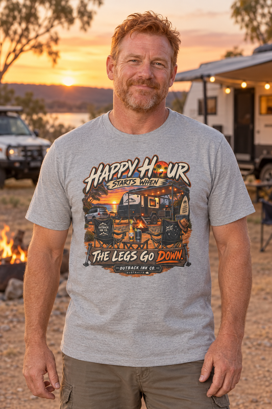 Happy Hour Camper T-Shirt — "Happy Hour Starts When The Legs Go Down" RV Camping Tee