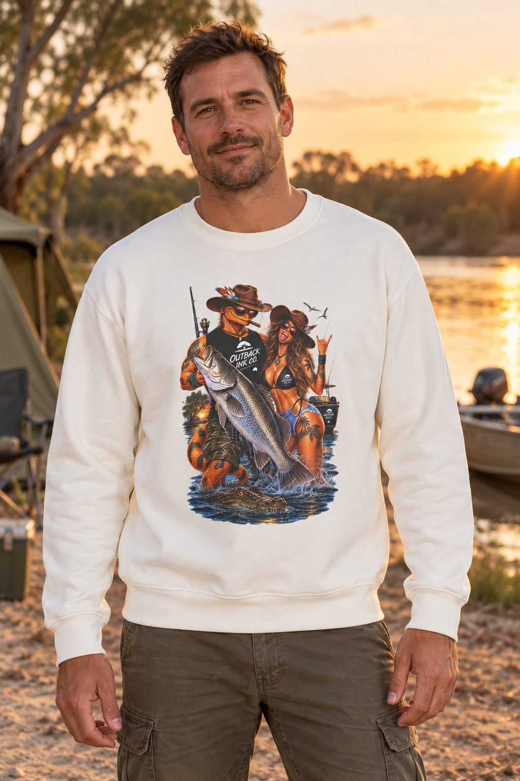 Fishing Pinup Crewneck Sweatshirt — Retro Angler Graphic