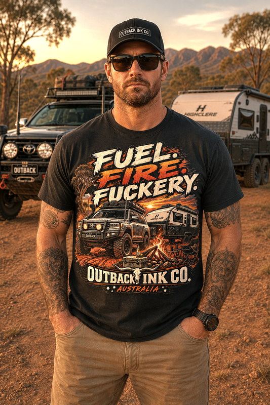 Fuel, Fire & Fuckery Tee — Retro Camping 4x4 Graphic T-Shirt