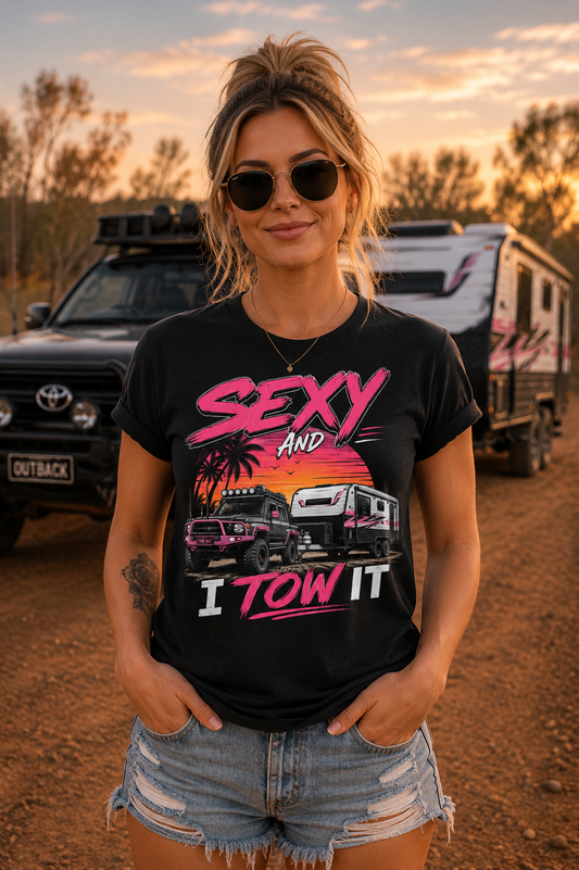 Sexy and I Tow It T‑Shirt — Retro Sunset Tow Truck Tee